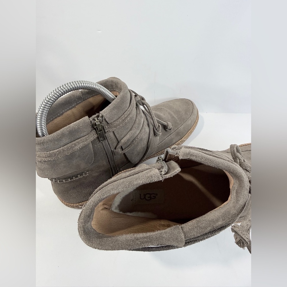 UGG Suede Ankle Boots Taupe Gray Women’s 10 Side Zip Lace Wrap - Picture 8 of 10